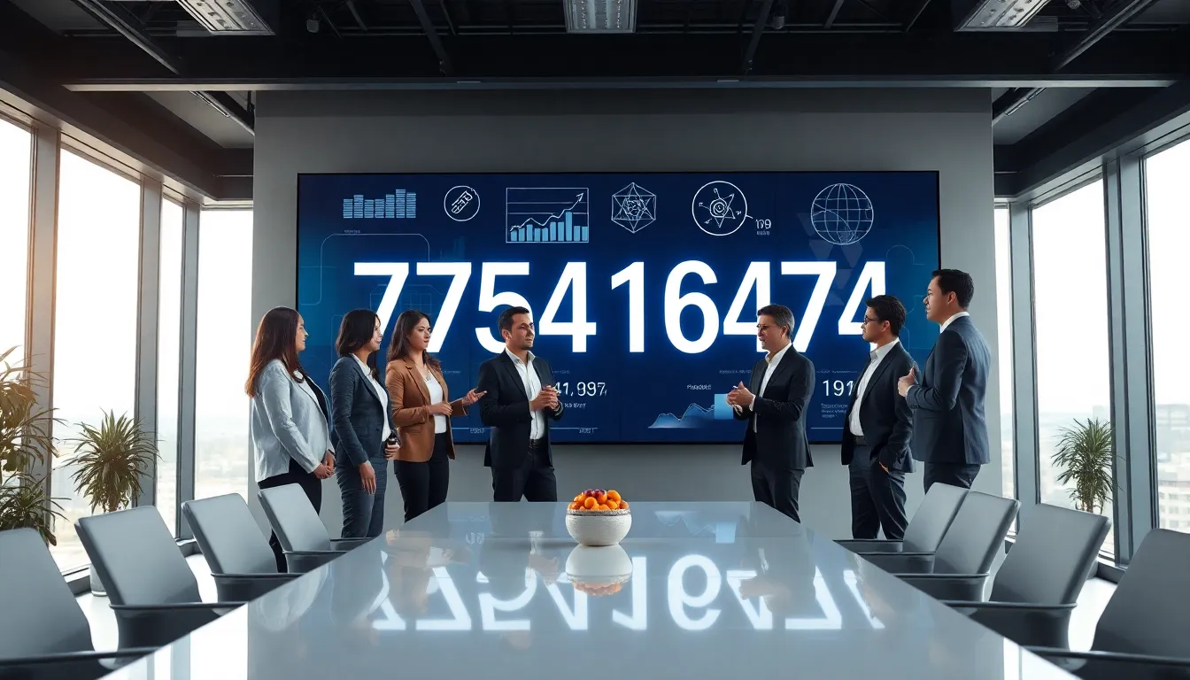 diverse team analyzing the number 7754186474 in a modern office.